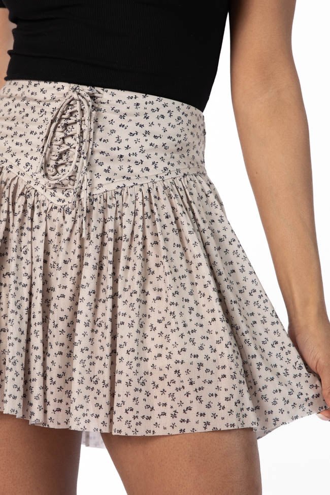 Star - crossed Lovers Tan and Black Corset Waist Floral Mini Skort - ShopLorca