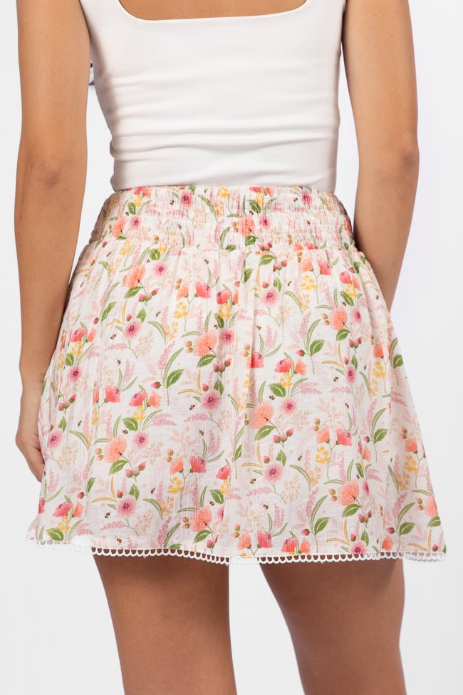 Through The Garden Ivory Multi Floral Eyelet Trim Mini Skort - ShopLorca