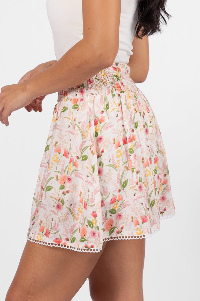 Through The Garden Ivory Multi Floral Eyelet Trim Mini Skort - ShopLorca